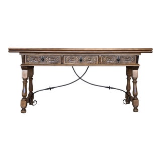 Early 20th Century Spanish Fold Out Console Table With Iron Stretcher & 3 Drawer For Sale