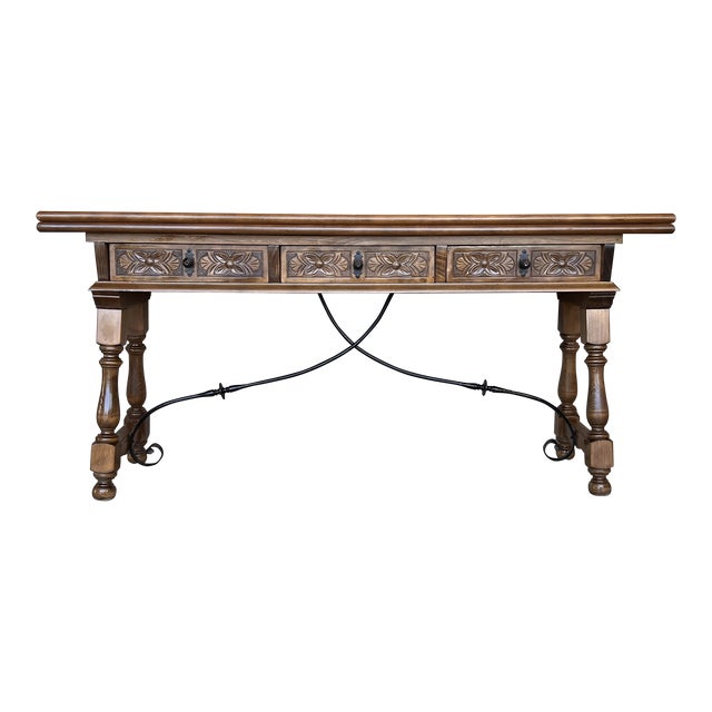 Early 20th Century Spanish Fold Out Console Table With Iron Stretcher & 3 Drawer For Sale