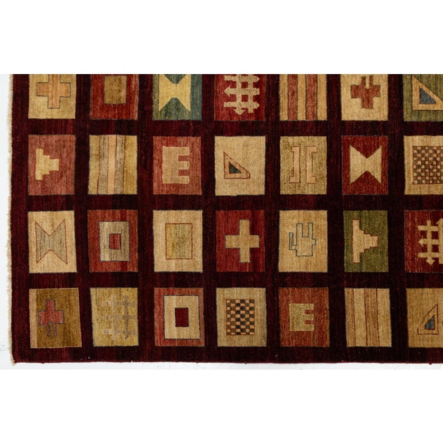Modern Geometric Grid Hand-Knotted Wool Area Rug in Deep Burgundy & Earth Tones For Sale - Image 10 of 12