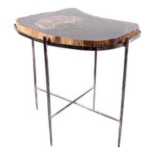 Living Edge Petrified Wood Top W Iron Stand Accent Table or Side Table 52 For Sale