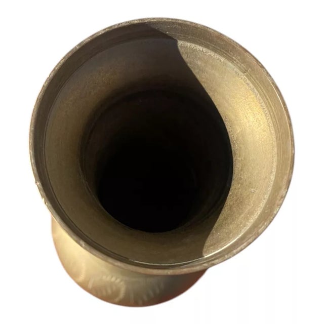 1950s Mid-Century Brass Bud Vase Sarna Bros India Etched Ornate Floral Design For Sale - Image 5 of 5