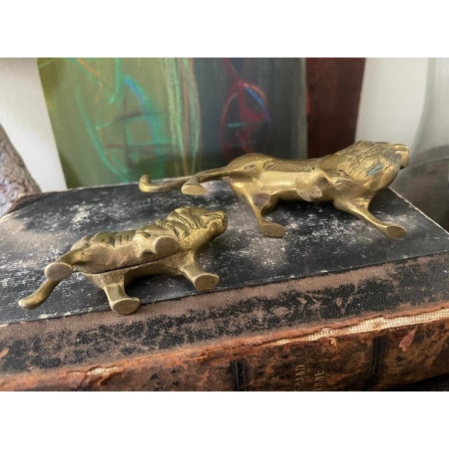 Boho Chic Pair of Vintage Brass Lions For Sale - Image 3 of 9