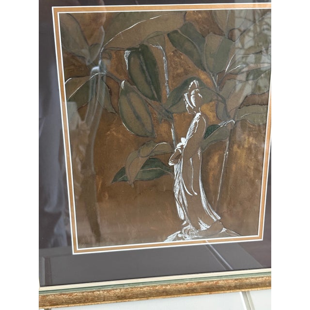 Japanese Vintage Framed Earthy Asian Geisha Painting For Sale - Image 3 of 8