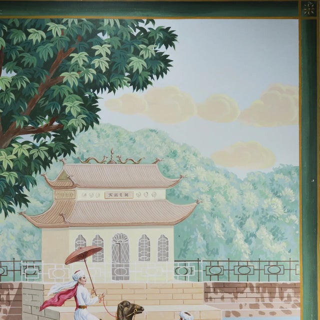 Early 21st Century Large Vintage Chinoiserie Decorative Painting With Camel Rider and Pagoda Scene For Sale - Image 5 of 8
