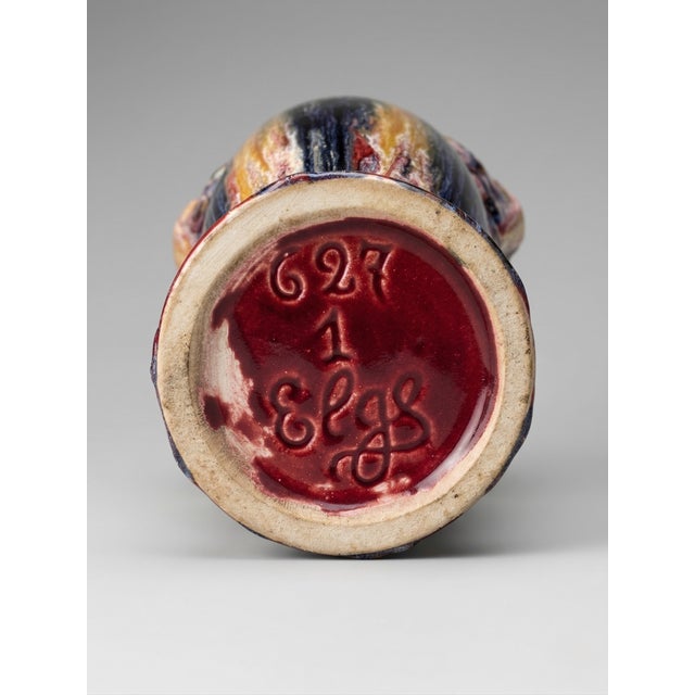 Ceramic Large French Art Deco Polychrome Flambé Glazed Ceramic Vase with Handles from Elgé, 1940s For Sale - Image 7 of 8