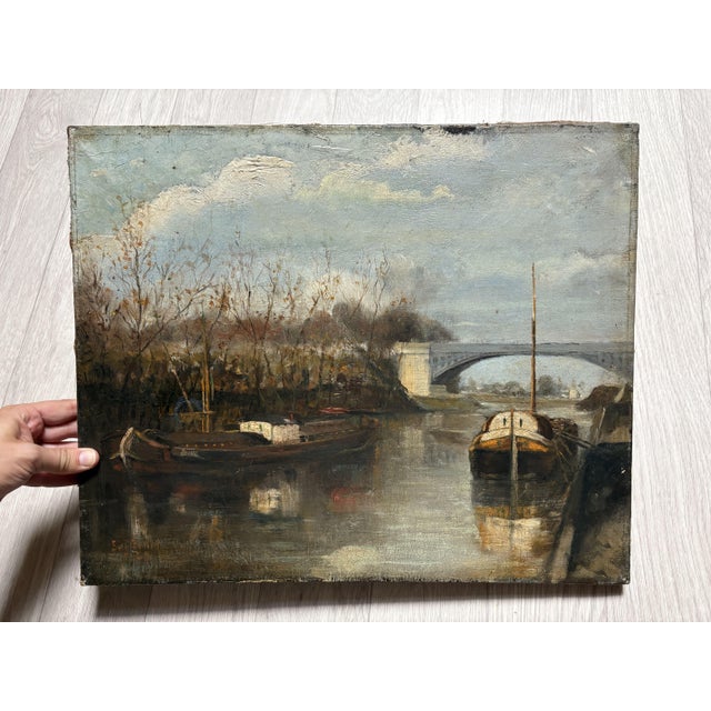 Eugène Penot, Moored Boats, 1890s-1910s, Oil on Canvas For Sale - Image 3 of 3