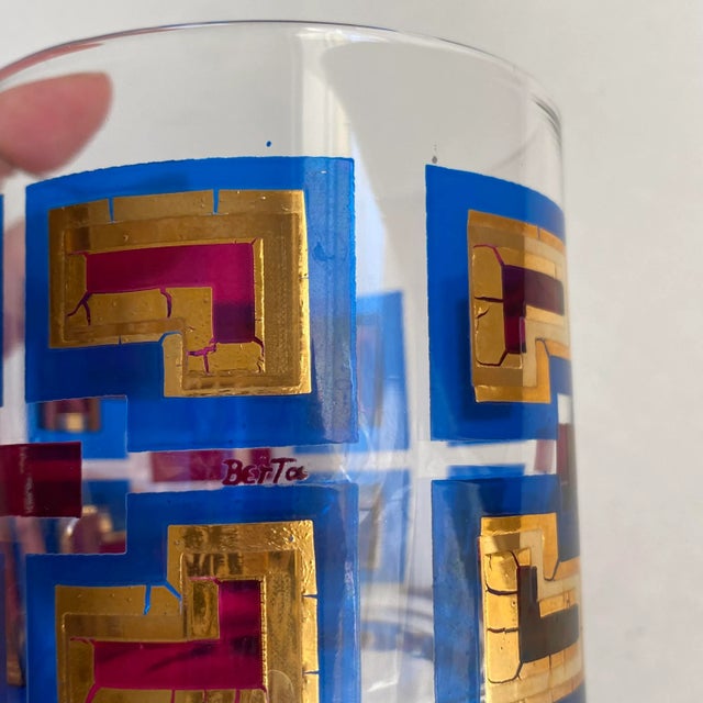 1960s Vintage Berta Barware Greek Key Gold, Blue & Magenta MCM 60s Lowball Glasses - Set of 8 For Sale - Image 5 of 9