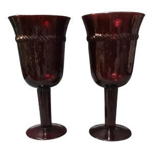Vintage Pair of Ruby Red Stemmed Water or Wine Glasses Goblets