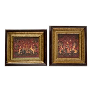 Late 20th Century Coordinating Pair of Framed Medieval Unicorn Tapestry Prints in Gilt and Mahogany-Tone Frames - Set of 2 For Sale