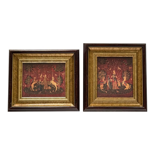 Late 20th Century Coordinating Pair of Framed Medieval Unicorn Tapestry Prints in Gilt and Mahogany-Tone Frames - Set of 2 For Sale