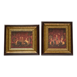 Late 20th Century Coordinating Pair of Framed Medieval Unicorn Tapestry Prints in Gilt and Mahogany-Tone Frames - Set of 2