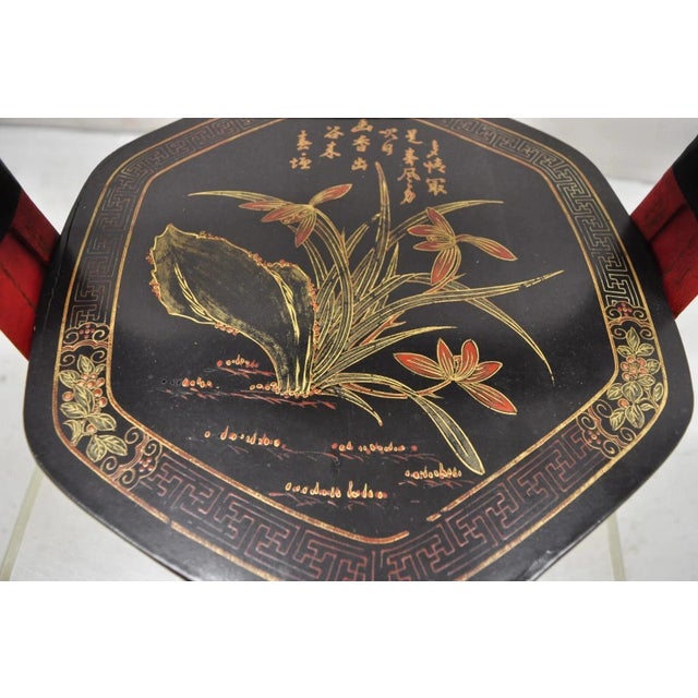 Vintage Chinese Black & Red Lacquer Floral Painted Lidded Wooden Tea Caddy Box For Sale - Image 4 of 11