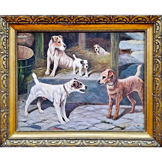 On offer is a painting titled "Jack Russells in a Barn". The painting depicts several Jack Russell terriers within a...