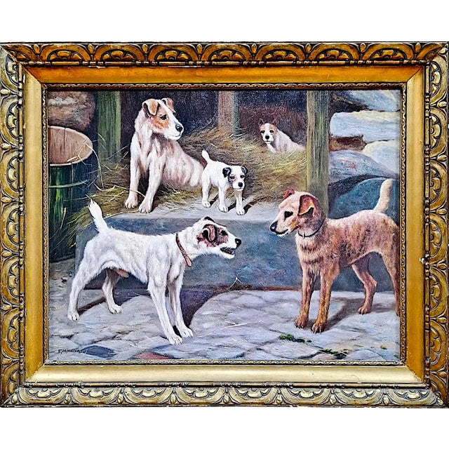 On offer is a painting titled "Jack Russells in a Barn" by the British artist Frances Mabel Hollams (1877–1963). The...