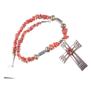 Vintage Navajo Sterling on Brass Coral cross necklace For Sale