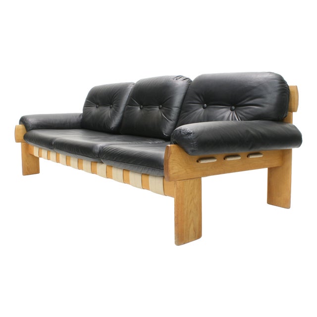 Oak and Leather Africa Sofa by Esko Pajamies for Asko Oy, 1970s For Sale