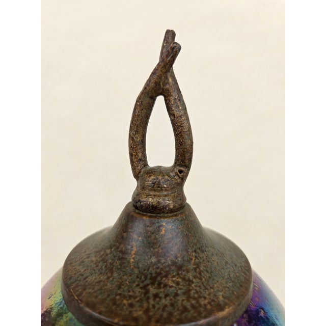 Quoizel Patinated Metal Floor Lamp With Signed Todd Philips Iridescent Glass Shade For Sale - Image 9 of 12