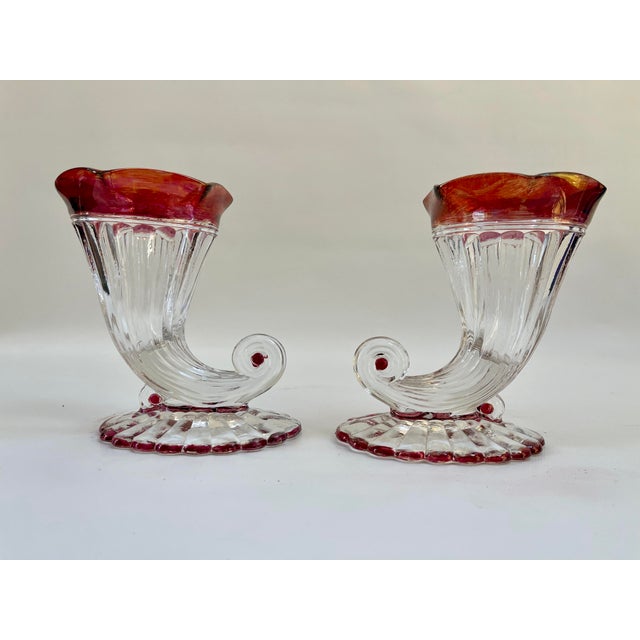 Vintage Art Deco Cornucopia Cranberry Red Vases - a Pair For Sale - Image 4 of 7