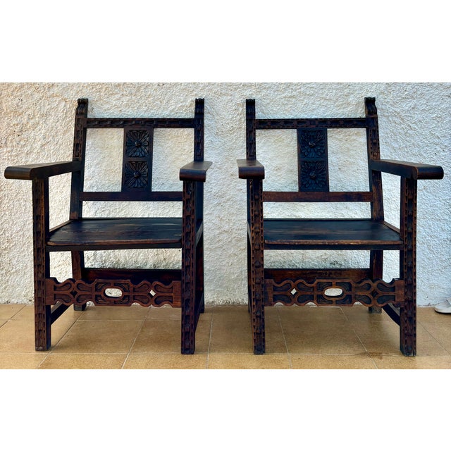 Set of 19th Century Spanish Colonial Carved Altar Armchairs with Wooden Seats For Sale - Image 10 of 18