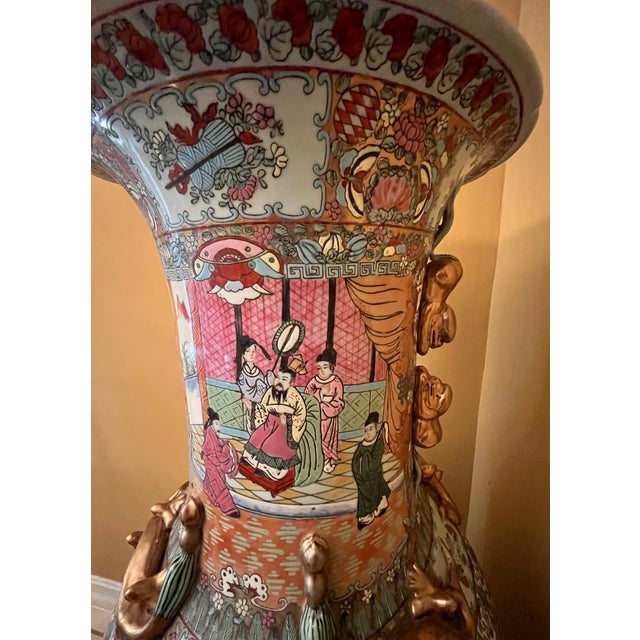 Pair of 4.6 Ft 20th-Century Monumental Vintage Chinese Rose Medallion Porcelain Palace Floor Vase & Carved Stand For Sale - Image 14 of 14