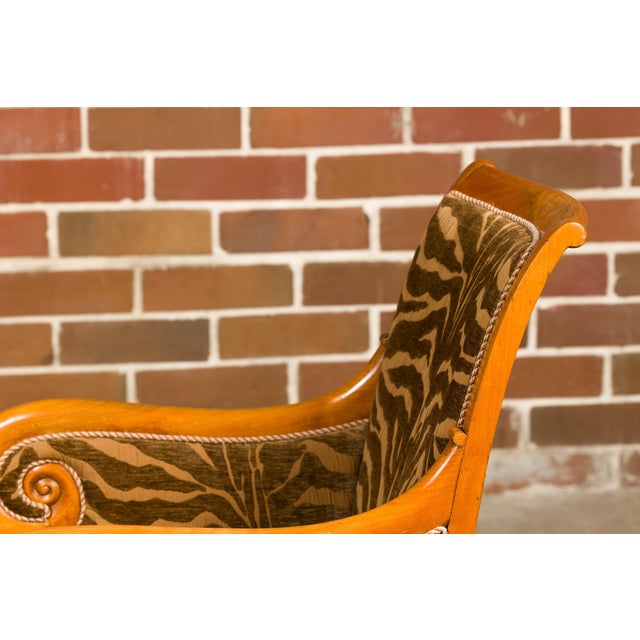 French Walnut 19th Century Bergère Chairs with Carved Arms and Zebra Upholstery For Sale - Image 11 of 12