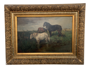 Henri Schouten, Horses at the Watering Trough, 19th Century, Oil on Canvas, Framed