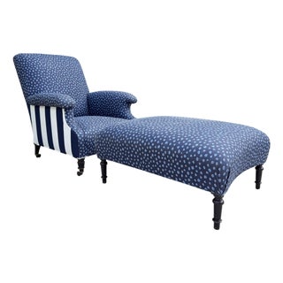 Antique English Upholstered Armchair and Oversized Ottoman For Sale