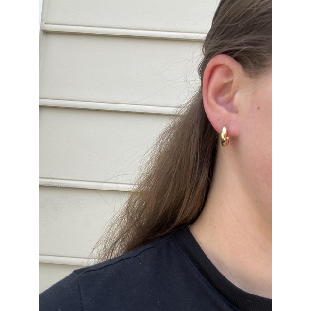 Medium Thick Huggie Hoops, 14k Yellow Gold, Length .5 Inches, Pair For Sale - Image 4 of 4