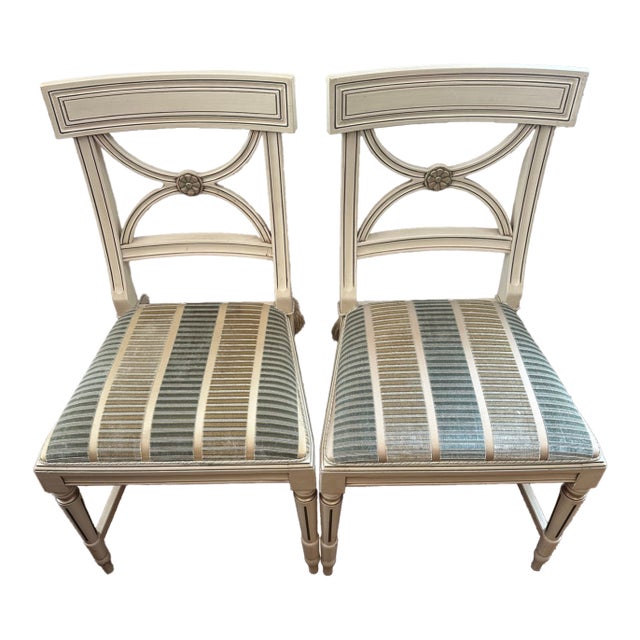 Two Bellman Chairs, White Lacquered With Gold Cilding, New Upholstered Seats and Chair Ties For Sale