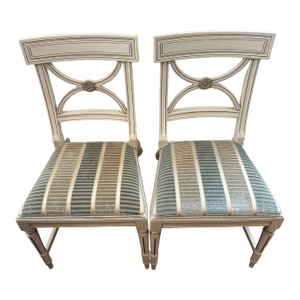 Two Bellman Chairs, White Lacquered With Gold Cilding, New Upholstered Seats and Chair Ties