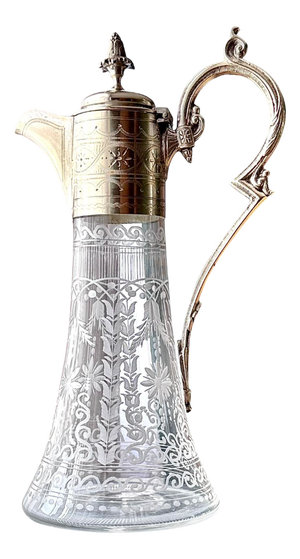 Victorian Silver-Plated and Etched Glass Claret Jug, 1800s