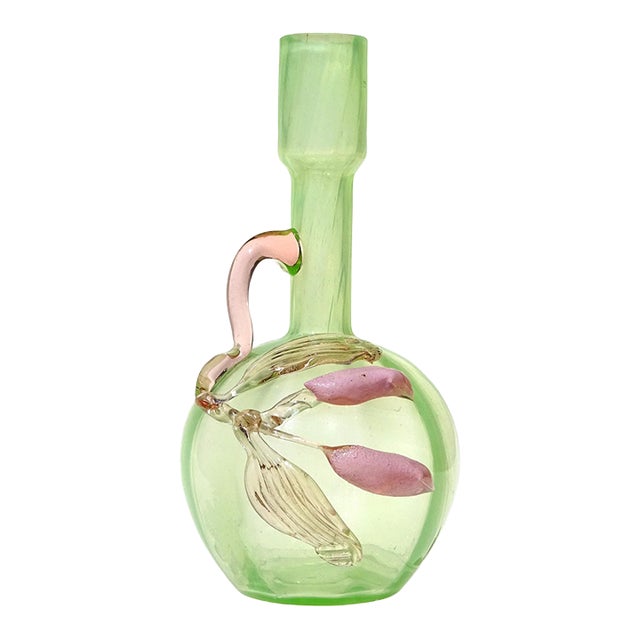 Antique Uranium Reactive Glass Vaseline Art Glass Flower Vase With Applied Vine Leafs and Flower Buds For Sale