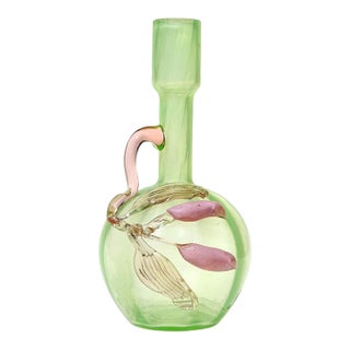Antique Vaseline Uranium Reactive Glass Art Glass Flower Vase With Applied Vine Leafs and Flower Buds For Sale