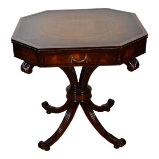 1920s Antique English Regency Mahogany & Leather Top Side Table / End Table For Sale