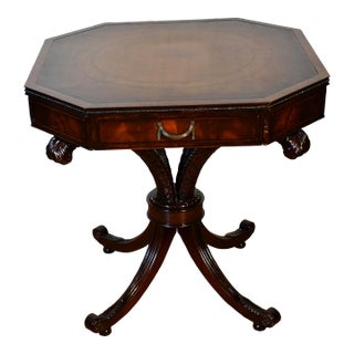 1920s Antique English Regency Mahogany & Leather Top Side Table / End Table For Sale