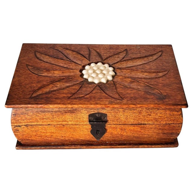 French Wooden Box with Geometric Floral Ceramic Inlay, 1950s For Sale - Image 15 of 15