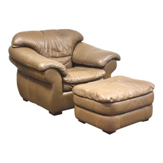 Robinson and Robinson Beige Leather Chair and Ottoman For Sale