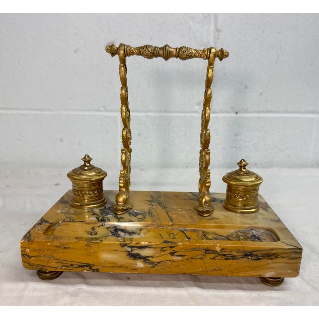 19th Century Antique French Siena Marble Bronze Dual Dolphin Empire Statue Desk Inkwell Stand For Sale - Image 5 of 14