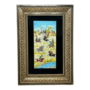 Indo-Persian Miniature Painting in Moorish Micro Mosaic Inlaid Marquetry Frame
