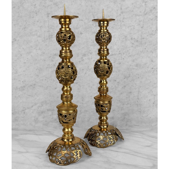 Chinoiserie Vintage 15" Chinese Brass Dragon Motif Mantle Candlestick Holders - A Pair For Sale - Image 3 of 9