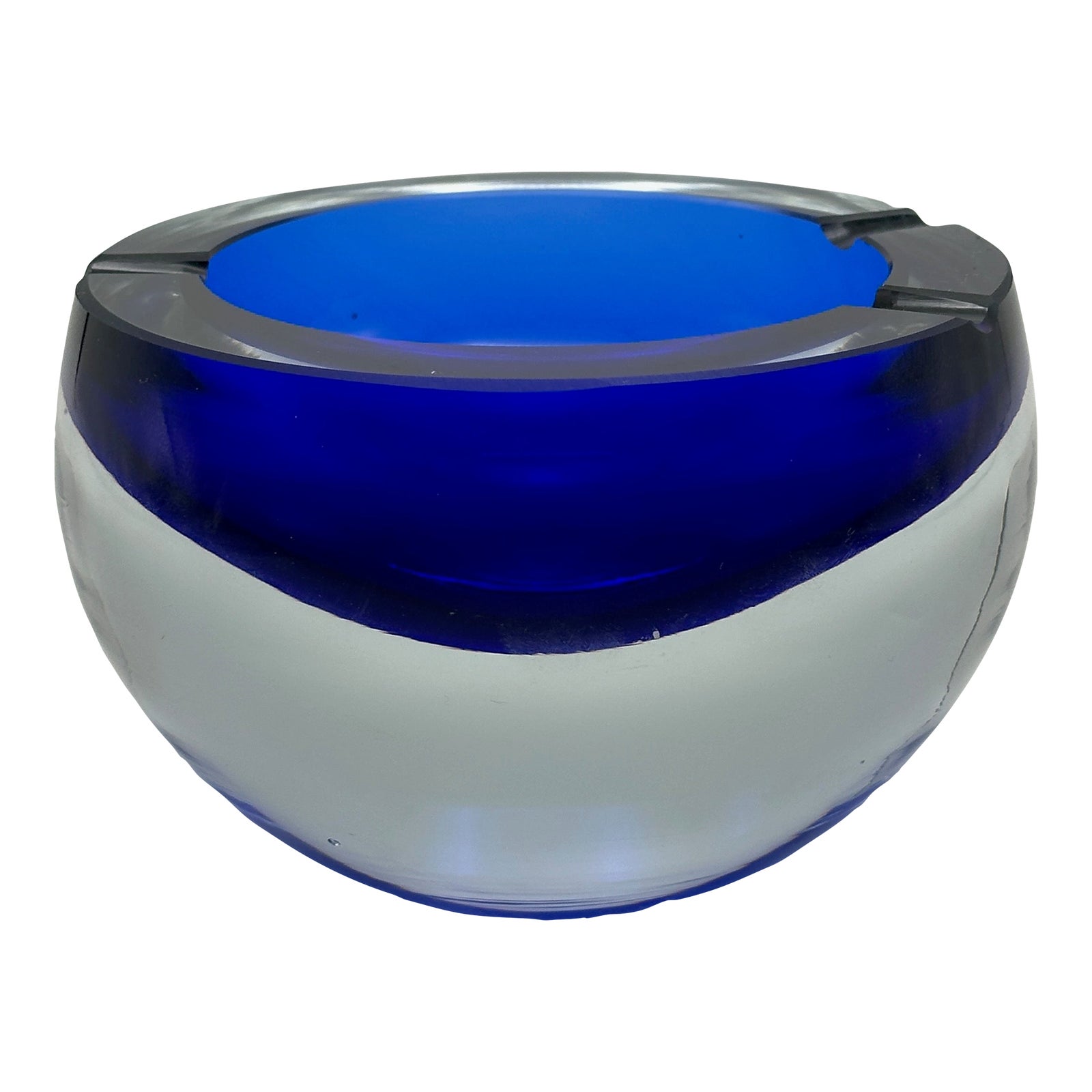 Vintage Krosno Poland Clear Cased Cobalt Crystal Art Glass Ball Ashtray