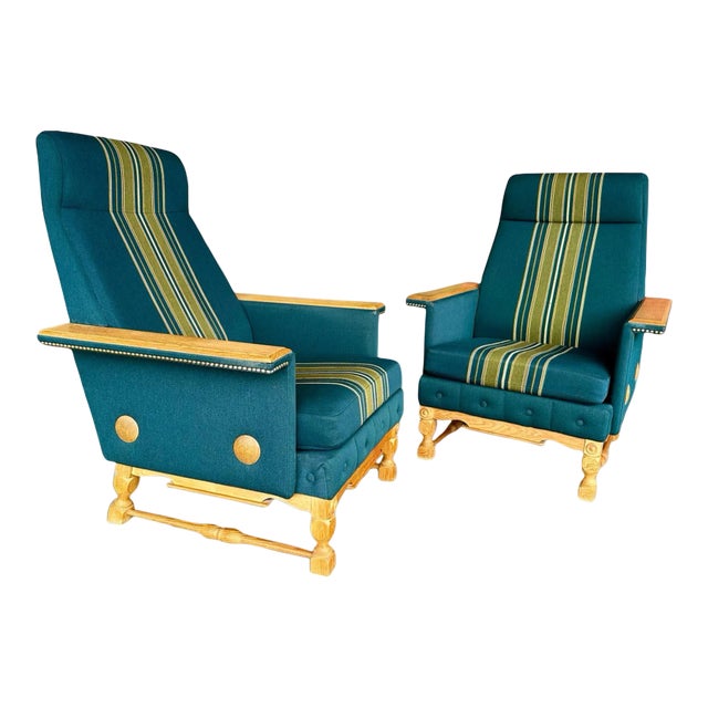 1970s Pair of Brutalist Danish Oak and Teal Wool Lounge Chairs For Sale