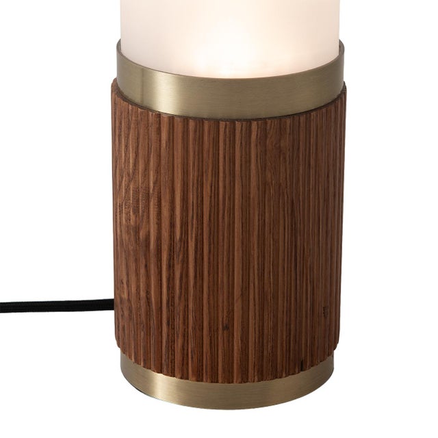 Wood Tambo Cylindro 18" Petite Accent Table Lamp - Dark Walnut, Weathered Brass, Frosted Acrylic, Dimmer Switch For Sale - Image 7 of 8