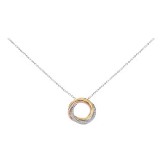 Tri Tone Sterling Silver 1/5 Cttw Diamond Interlocking Circle Pendant Necklace For Sale