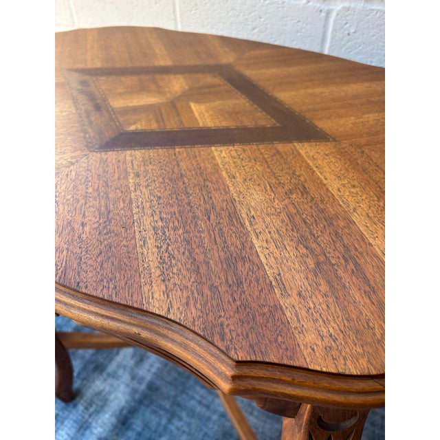 Antique Carved Walnut Accent Table / Side End Table. Featuring Wavy, Marquetry Inlaid Top and Cabroile Legs For Sale In Los Angeles - Image 6 of 9