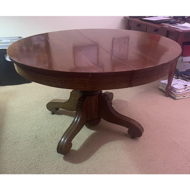Arts & Crafts Early 20th C. Round Tiger Oak Pedestal Dining Table For Sale - Image 3 of 8