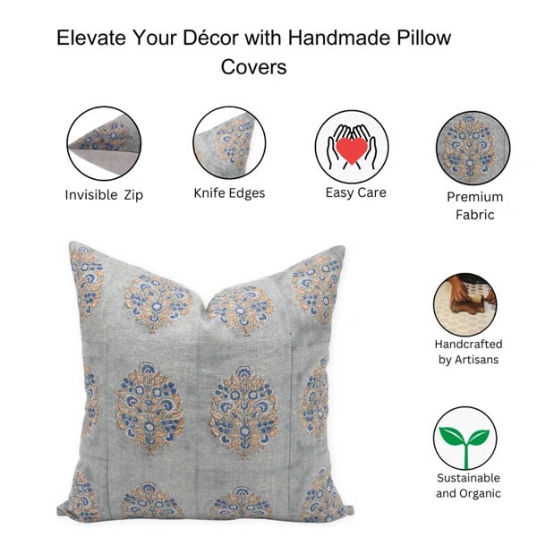 Fabdivine Rustic Block Print Pillow Cover 16x16 Inch Handmade Thick Linen - Guldasta For Sale - Image 4 of 4