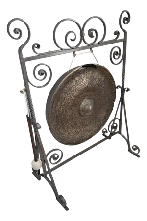 Large Victorian Brass Gong with Mallet Oak Stand, 1890s