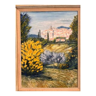 1970s Signed French Post-Impressionist Oil on Canvas of a Provençal Hilltop Village by B. Latuberne, 18” X 24” For Sale