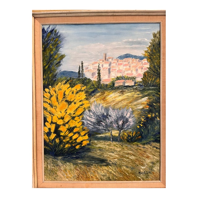 1970s Signed French Post-Impressionist Oil on Canvas of a Provençal Hilltop Village by B. Latuberne, 18” X 24” For Sale